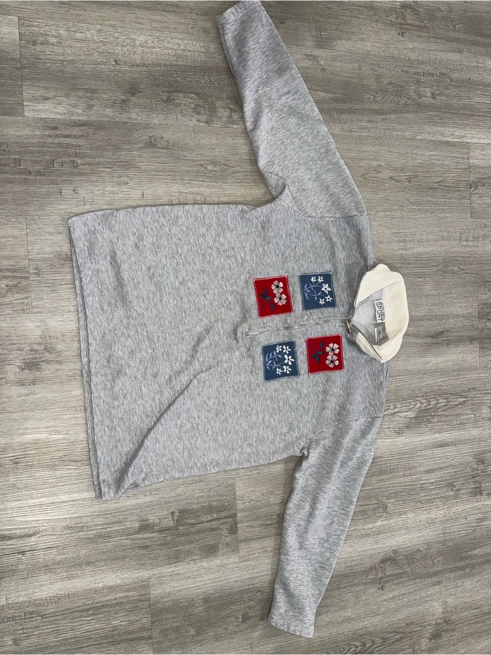 Jaclyn Smith Gray Quarter-Zip Sweatshirt with Red & Blue Patch Accents
